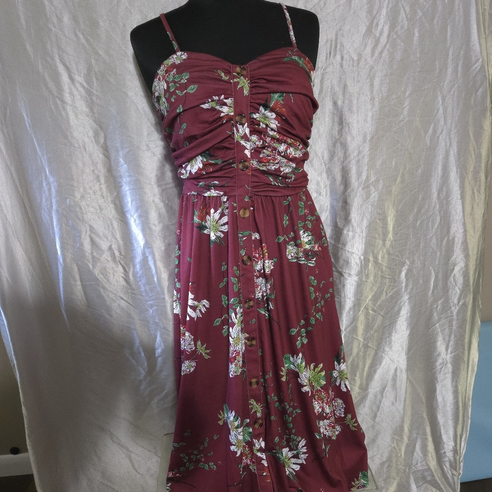 NWT Drimmaks - Ruched Floral Midi Dress in Burgundy